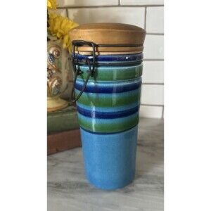 Vintage Bitossi CERAMIC POT Canister LID Blue Green Stripes Marked Number